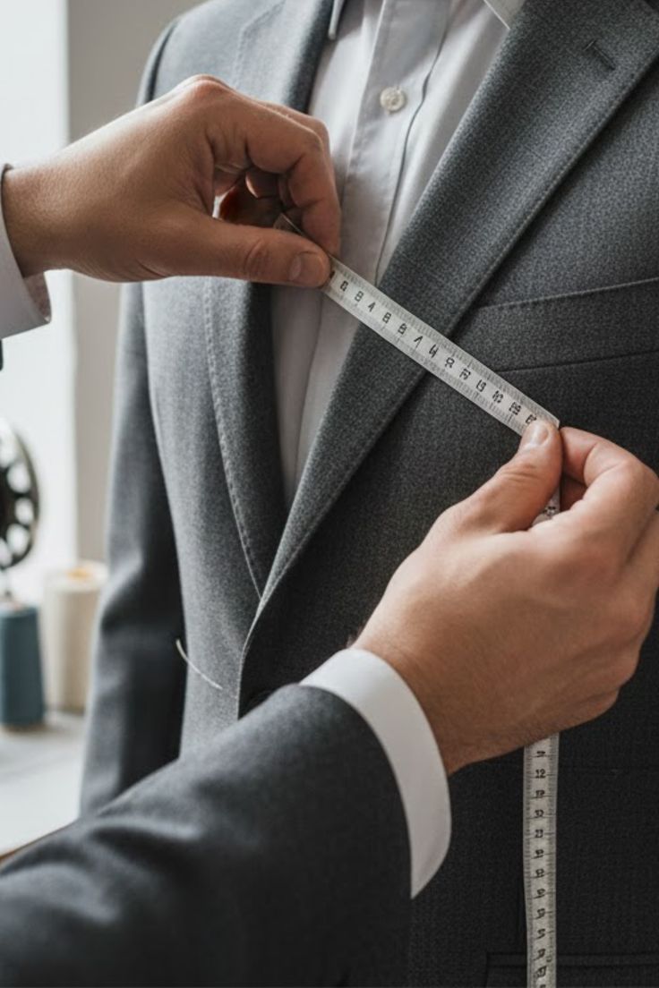 Detalhe de ajuste de terno com fita métrica