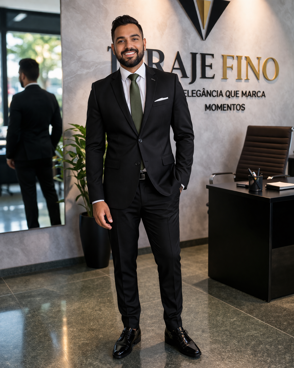 Homem usando terno preto em ambiente corporativo