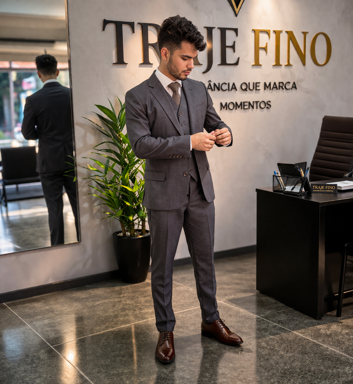 Detalhe de terno cinza com gravata escura